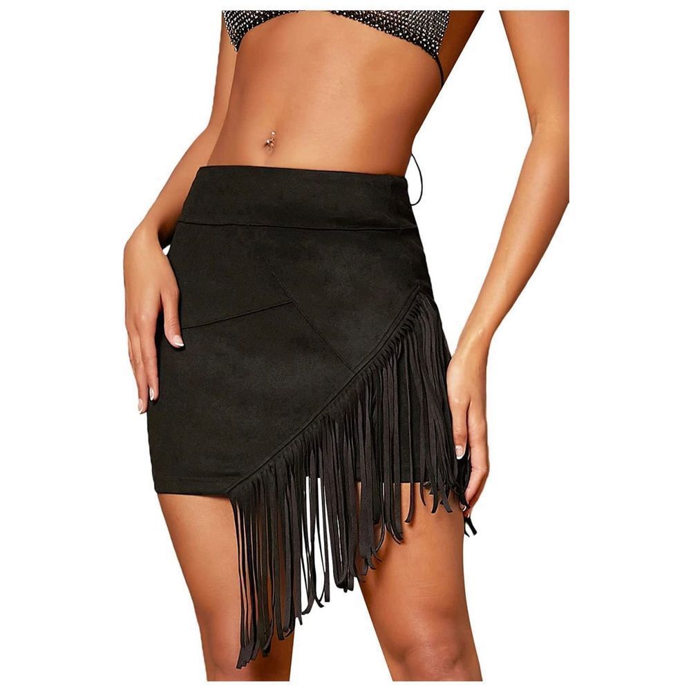 BLSCK FRINGE ASYMMETRICAL SKIRT